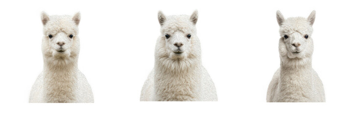 Cute White Alpacas Isolated Set, Fluffy Llama Portraits PNG Elements, Farm Animals and Wildlife Collection for Agriculture, Zoo and Nature Design Clipart, Friendly Herbivore Mammal Portrait © Wazir