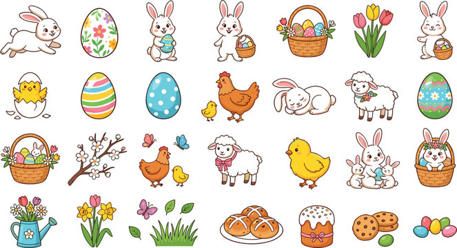  Comprehensive Cute Easter Holiday Clipart Grid Featuring Whimsical Cartoon Bunnies Hatching Chicks Fluffy Lambs Decorated Eggs Woven Baskets and Paschal Pastry Illustrations