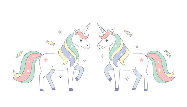 Pastel colored unicorns facing each other surrounded by stars and candies on a clean white background in a whimsical style.