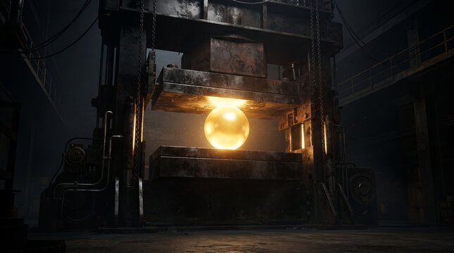 An unbreakable glowing golden sphere holding back a crushing dark iron press, a powerful visual for National Stress Awareness Day and resilience.