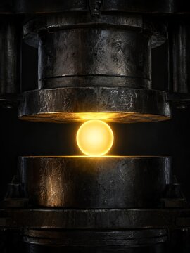 An unbreakable glowing golden sphere holding back a crushing dark iron press, a powerful visual for National Stress Awareness Day and resilience.