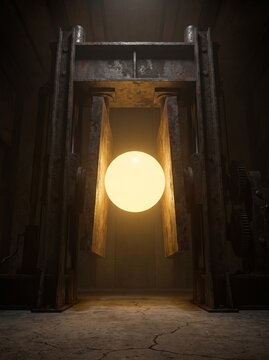 An unbreakable glowing golden sphere holding back a crushing dark iron press, a powerful visual for National Stress Awareness Day and resilience.