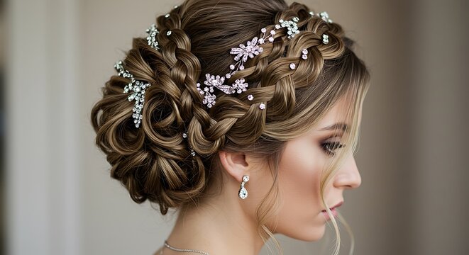 Elegant Braided Hairstyle with Sparkling Hair Accessories and Diamond Earrings