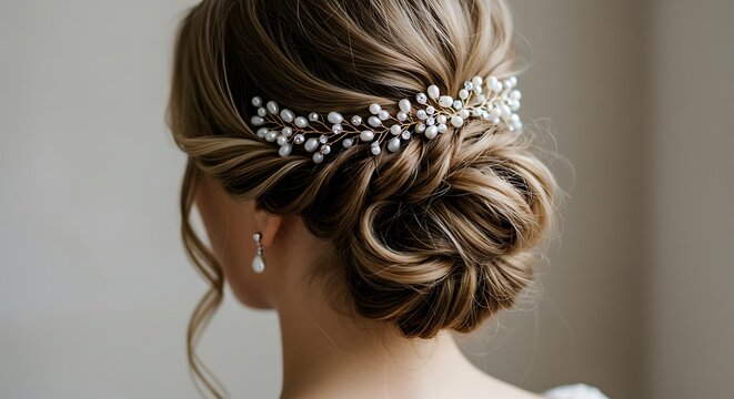 Elegant Bridal Updo with Pearl and Crystal Hairpiece, Back View