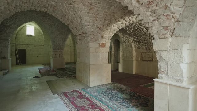 Ancient Stone Vaulted Underground Mosque Interior Citadel Aleppo