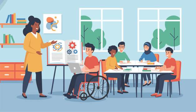 Inclusive school classroom with a diverse group of kids studying together with an encouraging teacher in a warm environment.