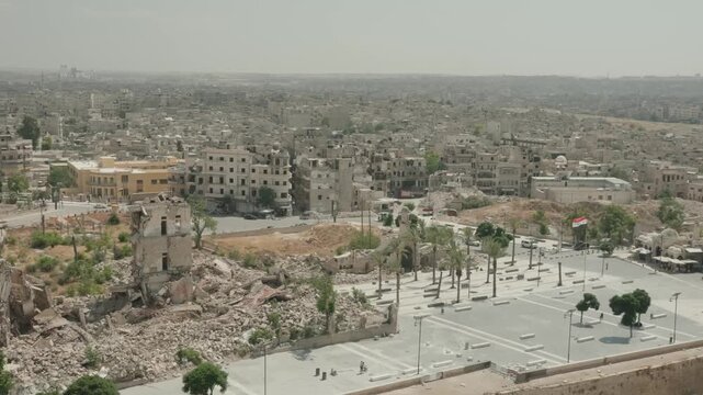 Aerial View of Aleppo City Square and War Damaged Buildings Syria