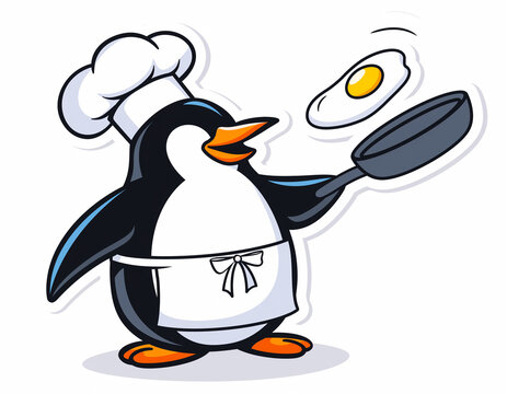 Funny Cartoon Penguin Chef in a White Toque and Apron Tossing a Sunny Side Up Fried Egg with a Frying Pan