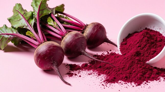 Three whole fresh red beetroots with green leaves sit next to spilled purple powder from white bowl on pink background. Vibrant raw vegetables provide healthy superfood ingredients for vegan diet