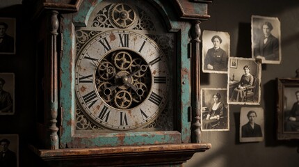 Obraz premium Old vintage grandfather clock with rusty metal gears surrounded by faded sepia family photographs. Antique horologe symbolises passage of time, precious ancestral memories. Surreal artistic