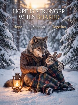 Anthropomorphic wolf and rabbit embracing in snowy forest with lantern with rabbit hugging large wolf