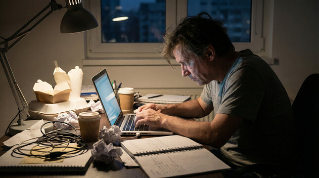 Tired Man Working Late at Night on Laptop in Messy Home Office Surrounded by Coffee and Takeout Containers