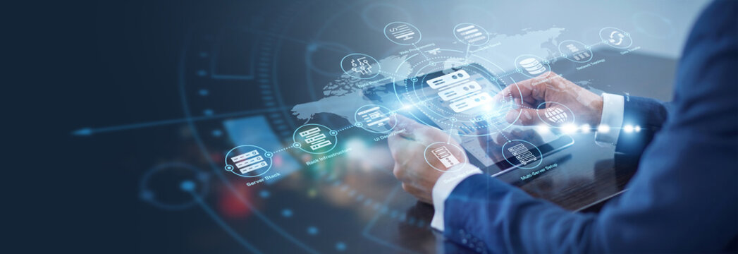IT technician using tablet managing web Hosting services around the world. Secure data center infrastructure optimizes network performance, website uptime, and cloud storage allocation.