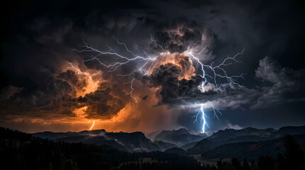 Fototapeta premium Powerful lightning bolts illuminate towering storm clouds above a mountain landscape at night, capturing the dramatic beauty of extreme weather.