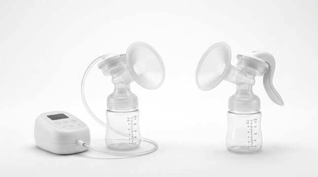 Manual and electric breast pumps set for baby feeding and lactation support isolated on white background