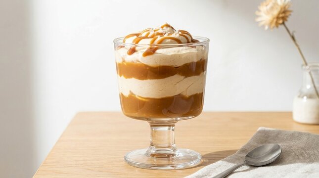 Indulging in Rich Caramel Desserts with Sweet Flavors, Delicious layered caramel trifle dessert in a glass, with a spoon and dried flower on a wooden table.