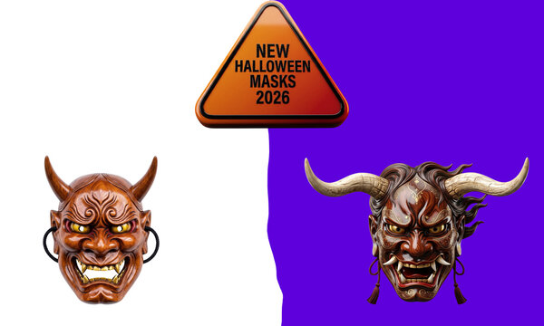 Detailed japanese oni demon mask with ornate carvings isolated on transparent background