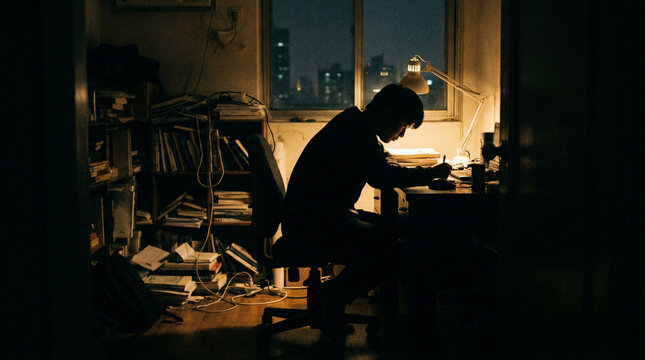 Silhouette of a student working late at a messy desk with a city view window and warm lamp light