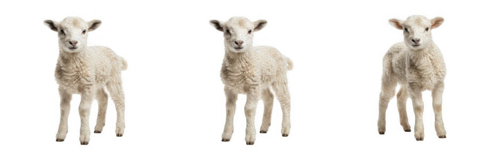 Cute white little lamb standing set isolated on transparent background, fluffy young farm animal elements for agriculture, easter graphics, nursery decor design, and livestock stock product clipart PN © Wazir