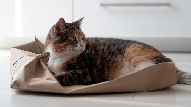 Relaxed domestic calico cat resting on paper bag after playing whole day, tricolor kitty chilling on shopping bag at home. Feline habits. Pet life