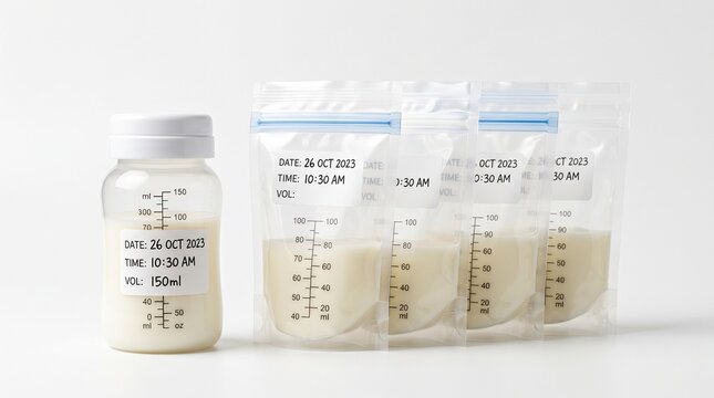 Preserving liquid gold mother's milk safely stored in bottles and freezer bags for baby's nutrition