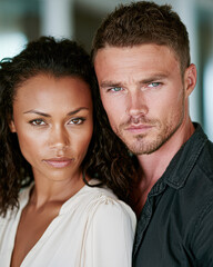 Obraz premium Close-up portrait of a confident interracial couple looking directly at the camera with serious expressions in a softly blurred indoor setting.