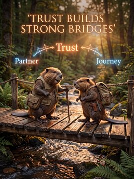 Two anthropomorphic beavers wearing hiking gear standing on a wooden bridge over a stream with illustration
