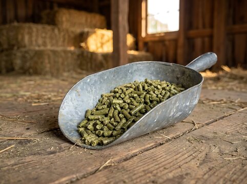 Metal scoop filled with green animal feed pellets inside a rustic wooden barn. alfalfa pellet