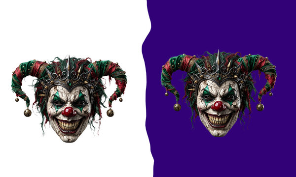 Evil jester clown mask with crown isolated on transparent background