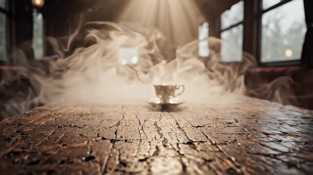 Vintage Train Car Interior with Steaming Cup - A solitary teacup rests on a weathered wooden table inside a vintage train car.