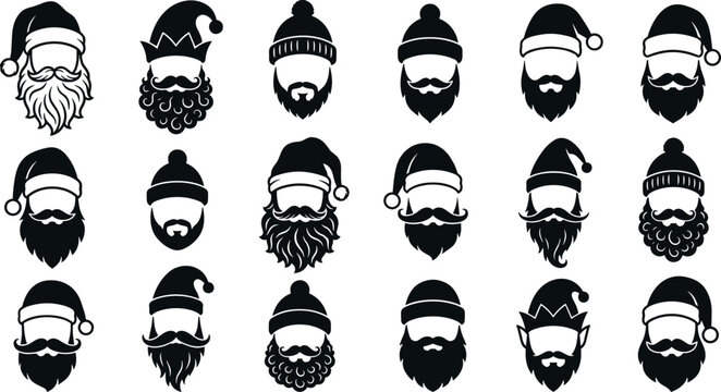 Santa Claus and Christmas Beard Silhouette Icon Set with Winter Hats Moustaches and Elf Elements for Holiday Branding Crafts and Greeting Card Graphic Designs