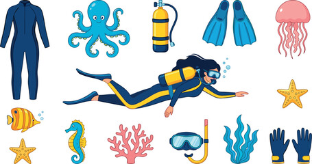 Scuba Diving and Underwater Sea Life Vector Set with Diver Wetsuit Oxygen Tank Octopus Jellyfish Coral and Snorkeling Gear for Marine Designs © MstMonira