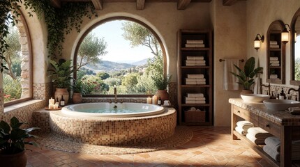 Fototapeta premium Luxurious bathroom with mosaic tile tub and double sinks features scenic countryside view. Old world charm, spa relaxation, sunlit interior, natural stone accents blend with earthy tones and plants.