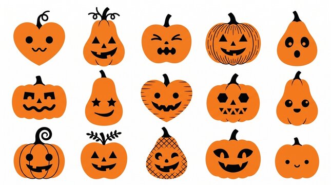 Set of various hand drawn orange pumpkins with different scary and funny jack o lantern facial expressions