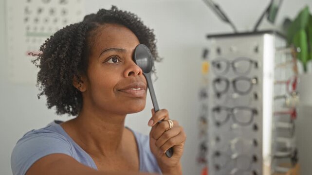 Woman holds occluder over eye during vision test at optometrist office building beside eyeglass display and eye chart; concentration care.