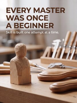 Wooden human figurine carved by hand resting on a workshop workbench with professional carpentry tools nearby