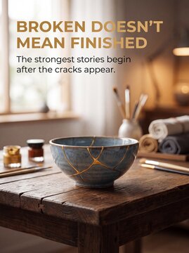 Ceramic bowl with gold repair cracks on wooden table with kintsugi repair lines resting rustic wooden