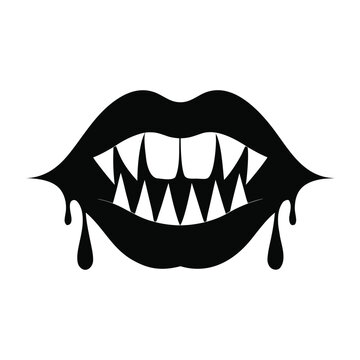 Black silhouette of vampire lips with sharp fangs and dripping blood
