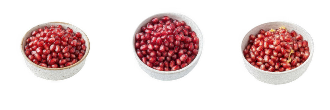 Fresh organic pomegranate seeds set in ceramic bowls isolated on transparent background, juicy red arils for healthy smoothies, salad toppings, dessert recipe graphics, gourmet food elements, stock pr