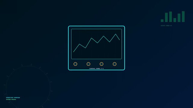 a biofuel refinery control monitor displays fluctuating stock market trends while glowing lines pulse within a dark digital interface during a rhythmic cycling data sequence