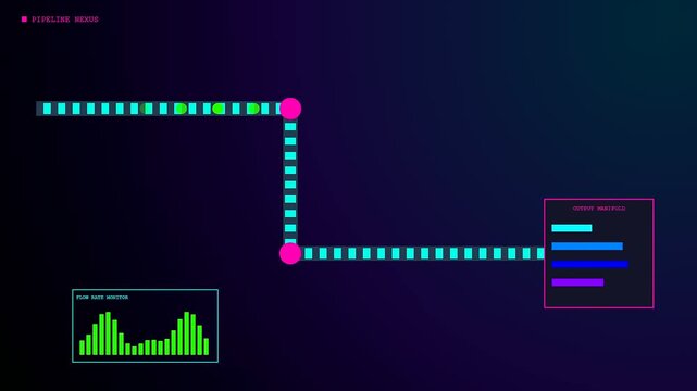 a biofuel refinery control interface flows through digital pipes as pulsating green light segments move across a dark screen displaying changing statistical bar chart data