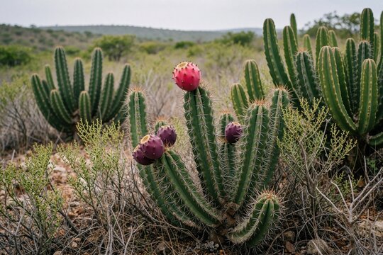 Mandacaru cactus grows in Brazilian Caatinga biome desert. Tropical succulent plant features green stems with sharp thorns, bright pink ripe fruits. Wild botanical vegetation survives in arid