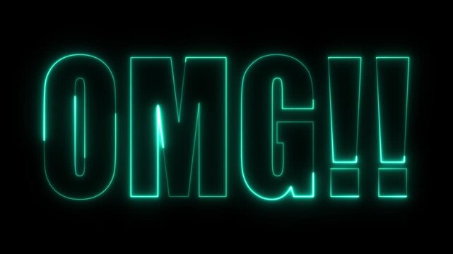 Motion design animation omg word blue neon light shimmer inscription isolated on black oh my god 4K video animation.