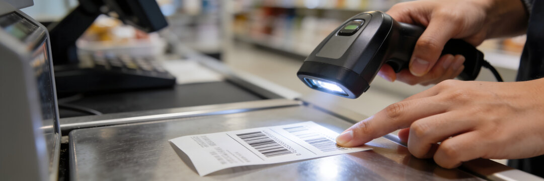 Cashier scanning barcode on product. Retail worker using handheld scanner at checkout counter.