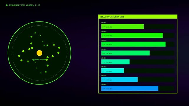 Digital displays showing a biofuel refinery process with circular radar maps and bar charts that track microbial growth cycles during industrial fermentation in a lab setting