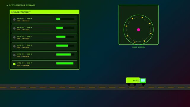 A biofuel refinery logistics display monitors transport fleet movement across a digital interface depicting route progress and tracking status within a neon green glow visualization