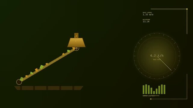 A digital biofuel refinery interface displays moving material conveyor belt metrics and industrial sensor data readouts shown across a green glowing monitor screen display setup