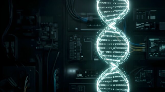 Glowing digital DNA strand made of binary code in a dark server room