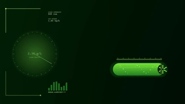 a green biofuel refinery monitor displays dynamic data metrics alongside organic algae growth visual animations within a digital interface panel designed for renewable laboratory energy production
