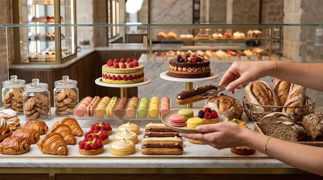 A selection of delicious French pastries and cakes displayed in a boutique bakery shop.